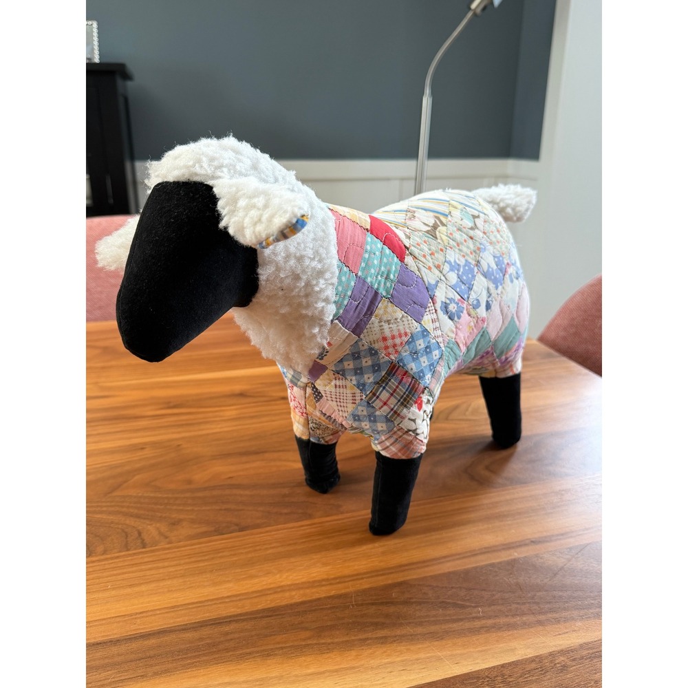 VTG Patchwork Quilt Sheep Plush Large Multicolor Folk Art 1996 Cottagecore